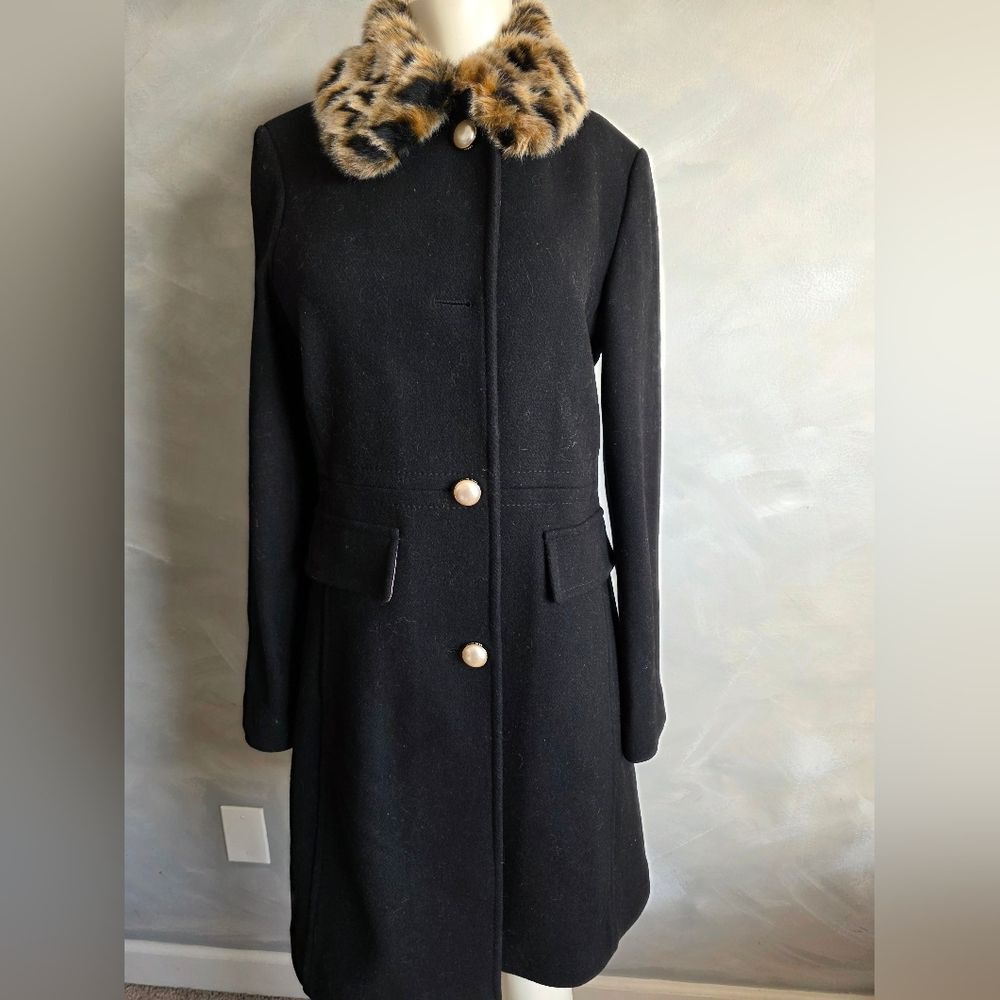 Kate Spade New York Leopard Collar Wool Trench Coat, Black, Women's S - Picture 4 of 16